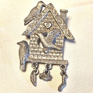 Vintage Spoontiques Pewter Bird House Charm Brooch 1980s